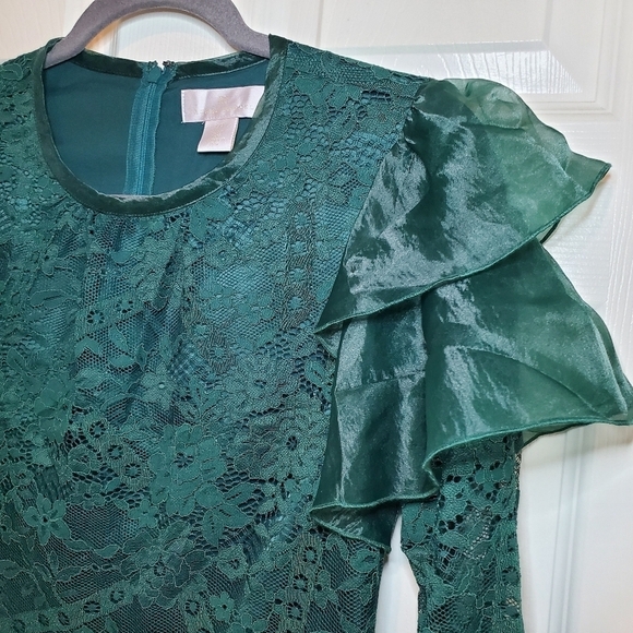 RACHEL PARCELL Lace Flutter Sleeve Top Green Long Sleeve Blouse Size XXS - Picture 3 of 12